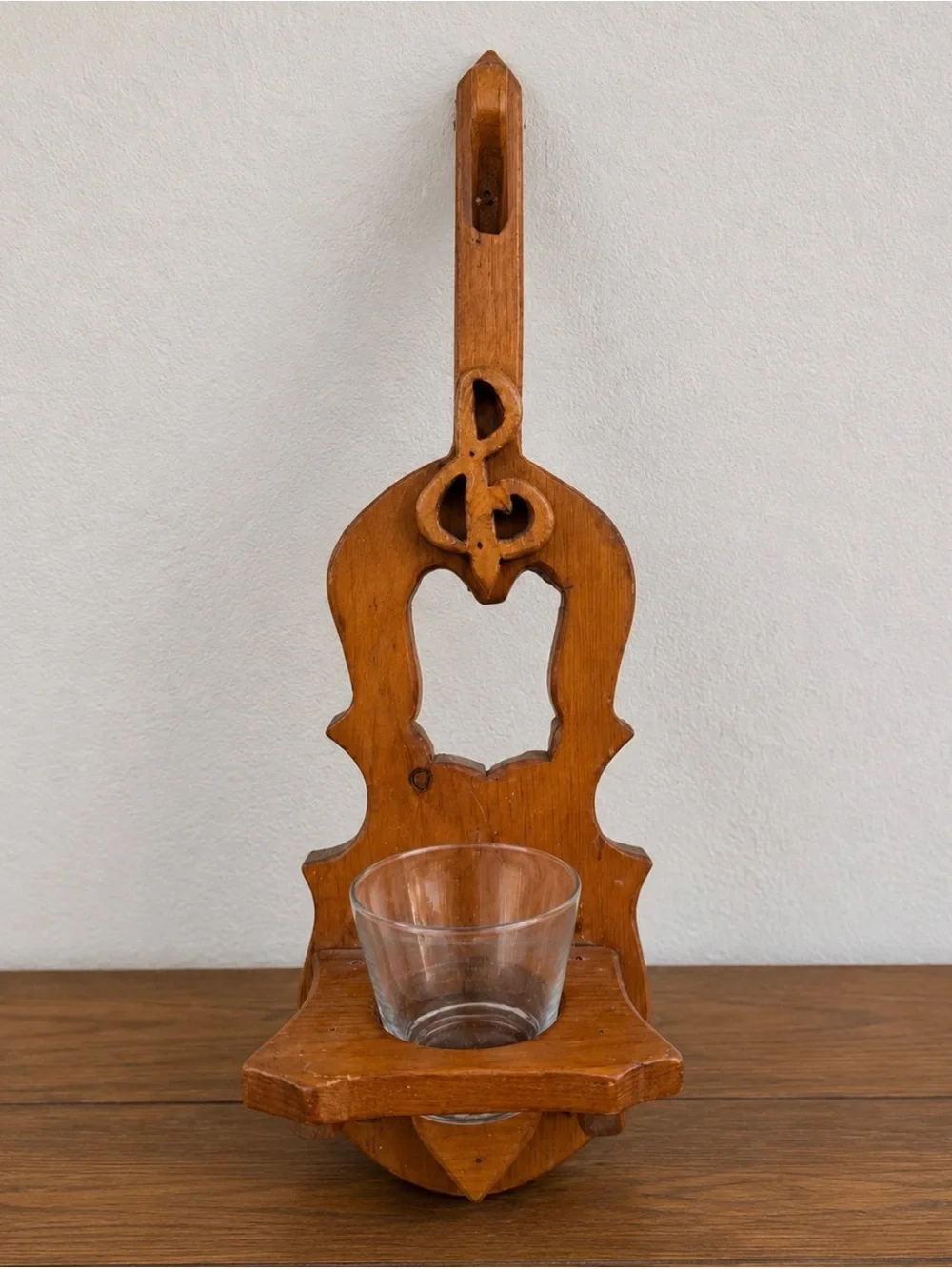 Vintage Wooden Wall Candle Sconce w/ Glass Votive Holder | 25” Hand-Carved
